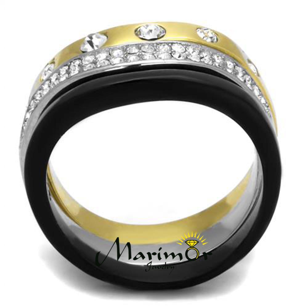 Silver Black & Gold Ion Plated Stainless Steel Crystal Fashion Ring Women’s 5-10