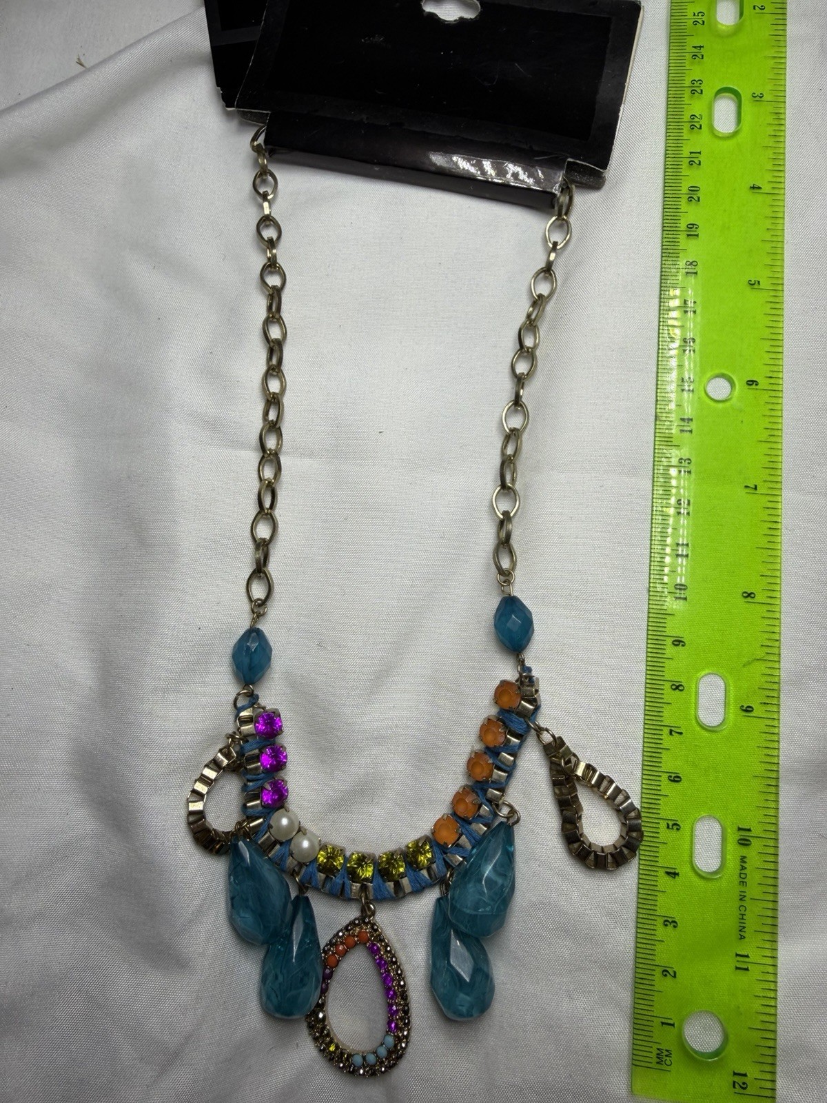 Colorful Statement Bib Necklace Blue Teardrop Rhinestone Boho Festival #07
