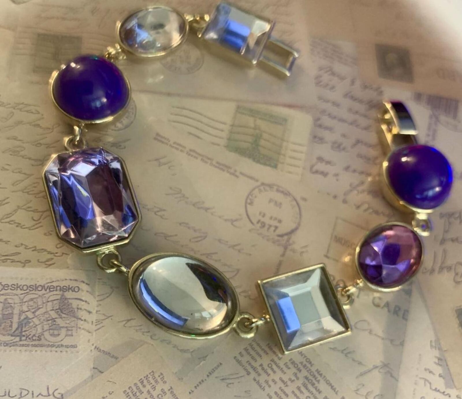 Vintage Signed Purple & Clear Multi-Shape Crystal Gold-Tone Link Bracelet Heavy
