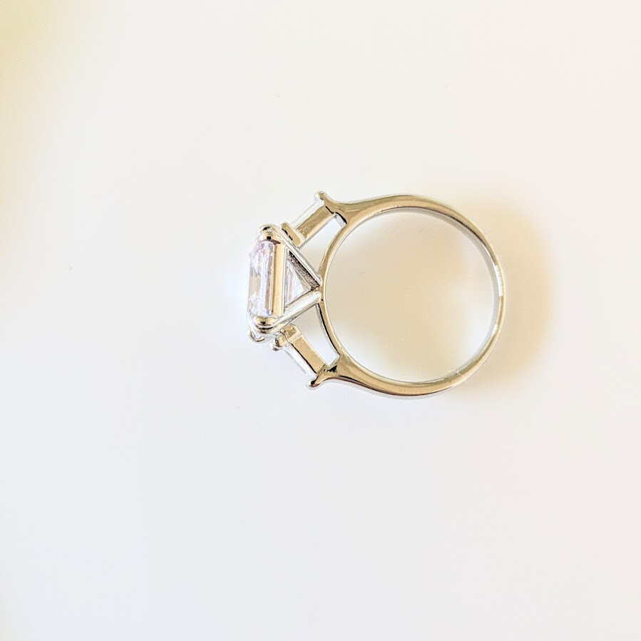 QVC Diamonique Epiphany Platinum Clad 3 Stone 3 Ct. Asscher Cut Ring -Size 9-NEW