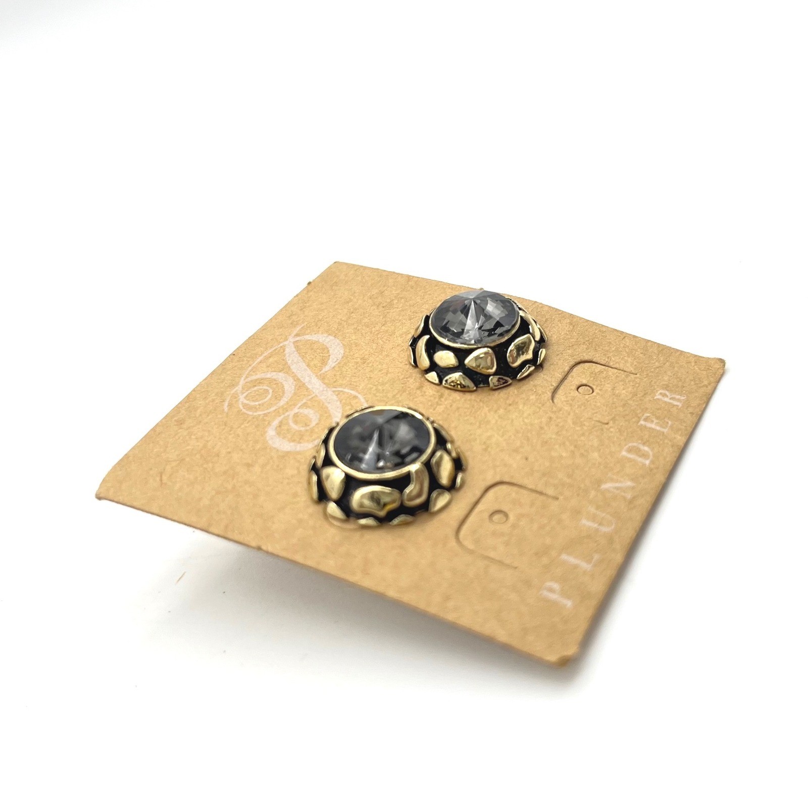 Plunder Design Smoke Grey Crystal Stud Earrings Antiqued Gold Scalloped Round