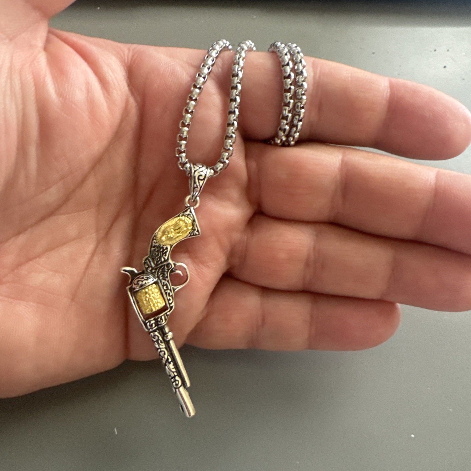 Revolver Gun Pendant Stainless Steel 24” Chain Western Cowboy Men’s Gift Shooter