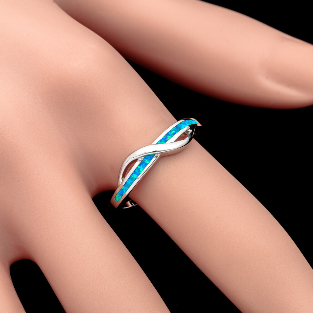 Blue Fire Opal Silver Jewelry Anniversary Women Infinity Ring Size 6 7 8 9 10
