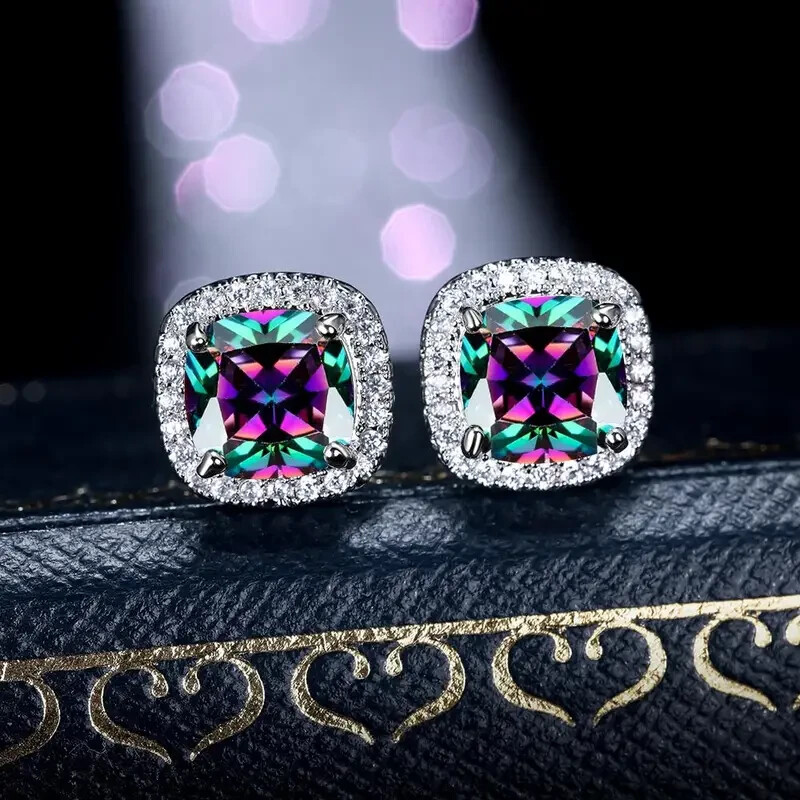 925 Sterling Silver Rainbow Mystical Fire Topaz New Fashion Charms Stud Earrings