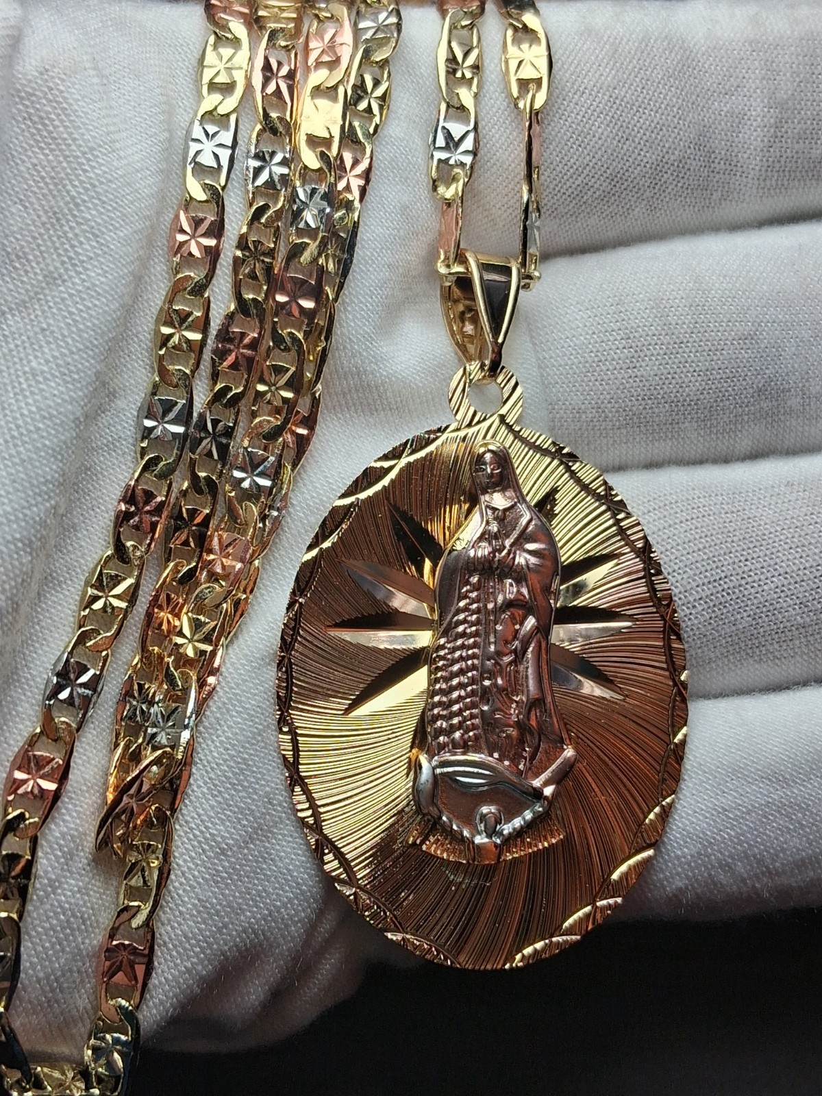 Virgin of Guadalupe Pendant, 24″ Valentino Link Chain, Gold-Plated & Tri-Tone