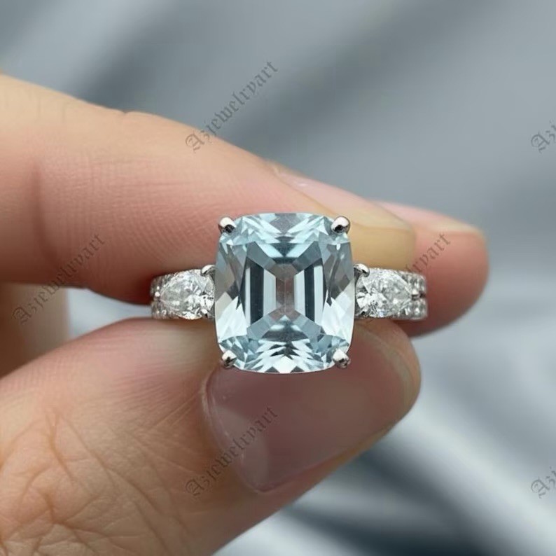 Cushion Cut Aquamarine Ring 925 Sterling Silver Women’s Ring.