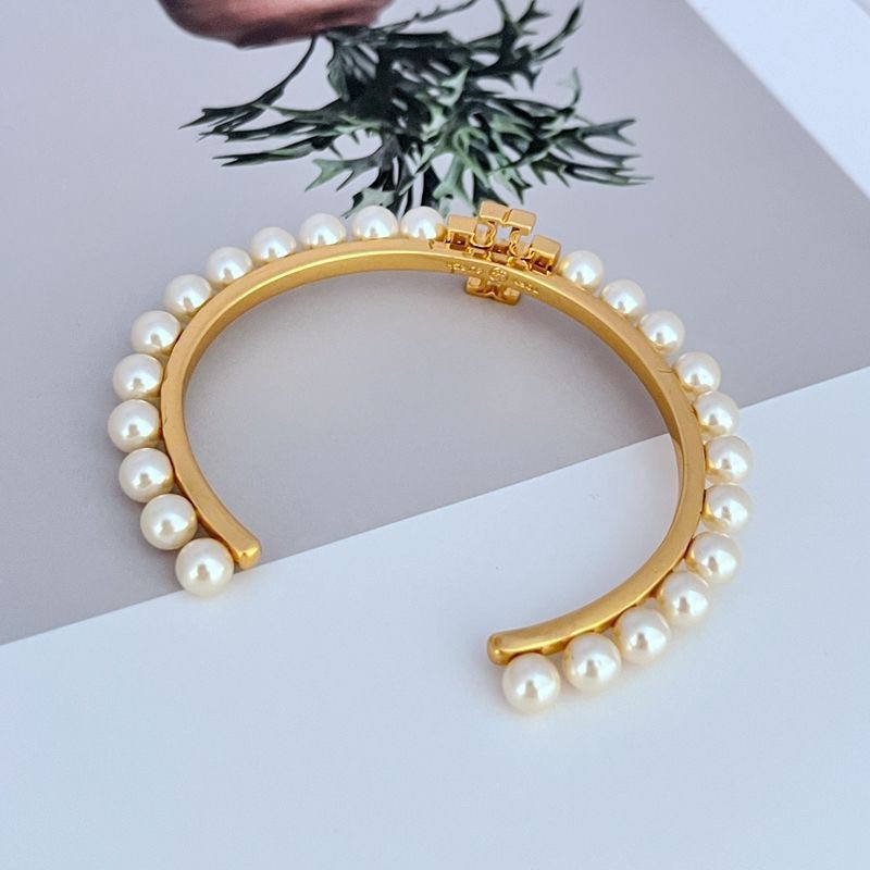 New Burch Logo Pearl Cuff Bangle Ivory OS with Jewelry Pouch