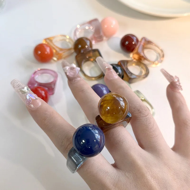 Resin Ball Shape Ring Chunky Geometric Adjustable Wedding Band Women Jewelry