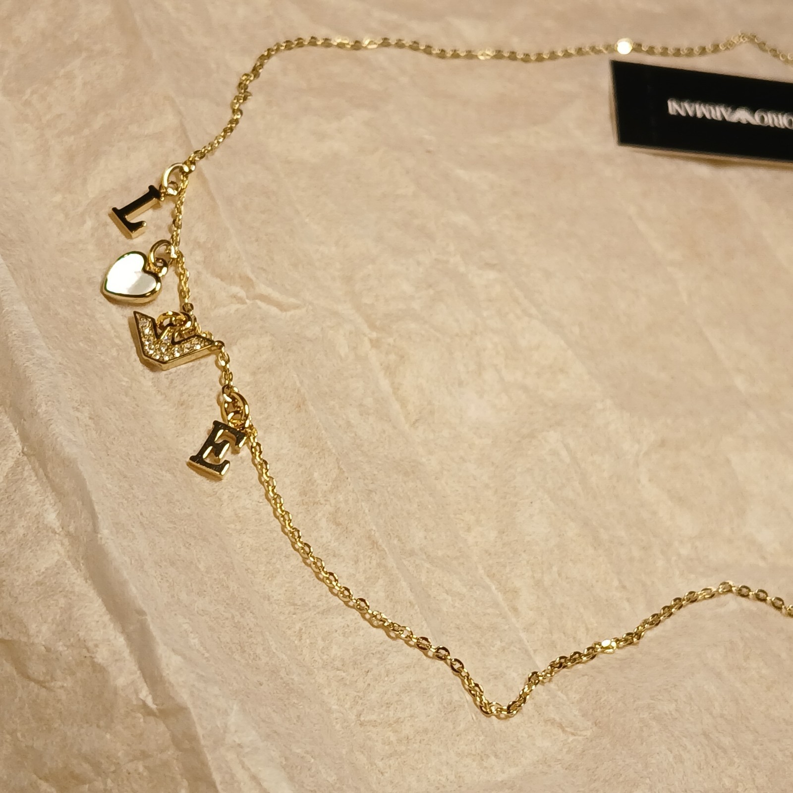 NWT 140$ Emporio Armani Gold Tone Steel LOVE Necklace New In Box
