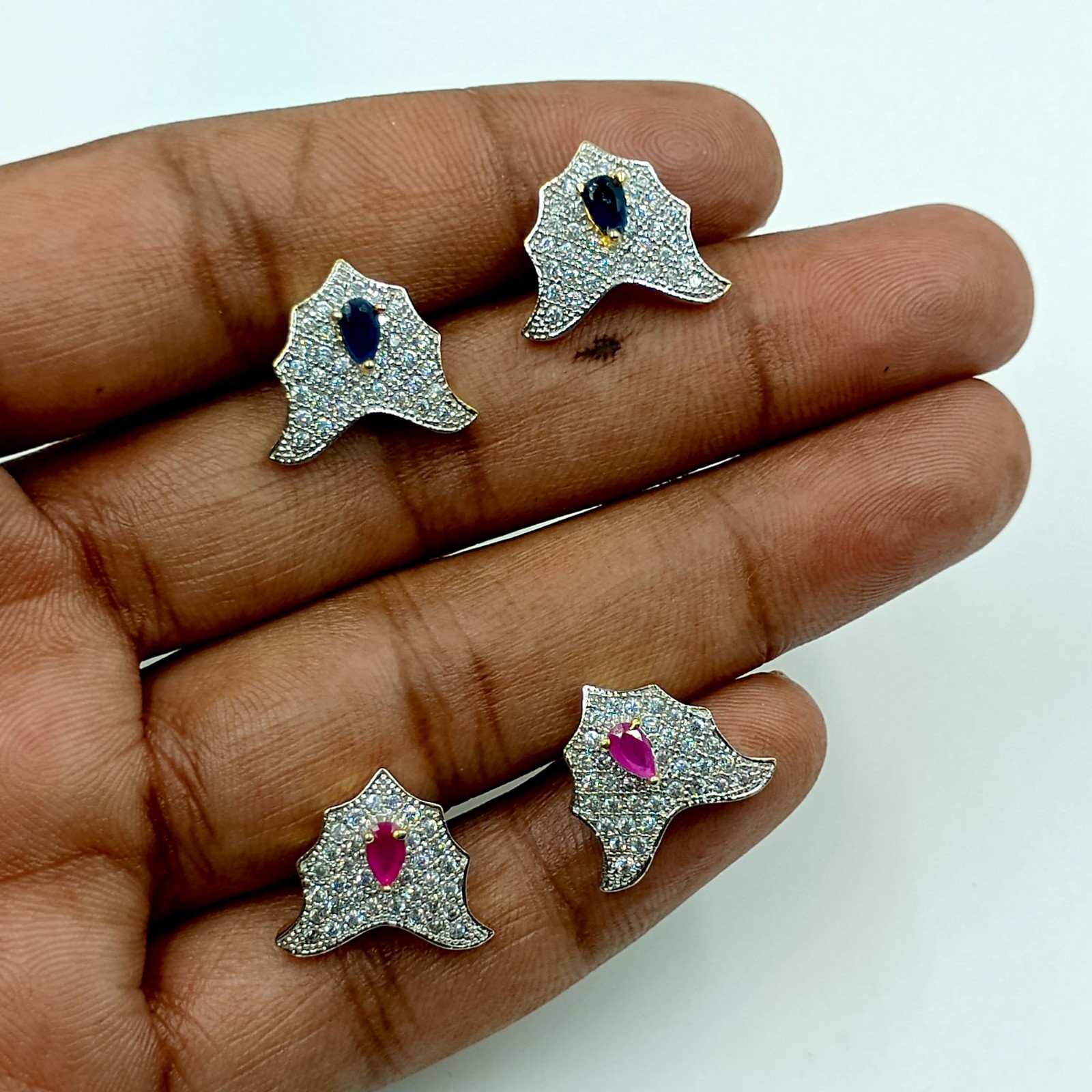 Ethnic South Indian CZ Stud Earrings Ruby Sapphire 22K Gold Plated Wedding