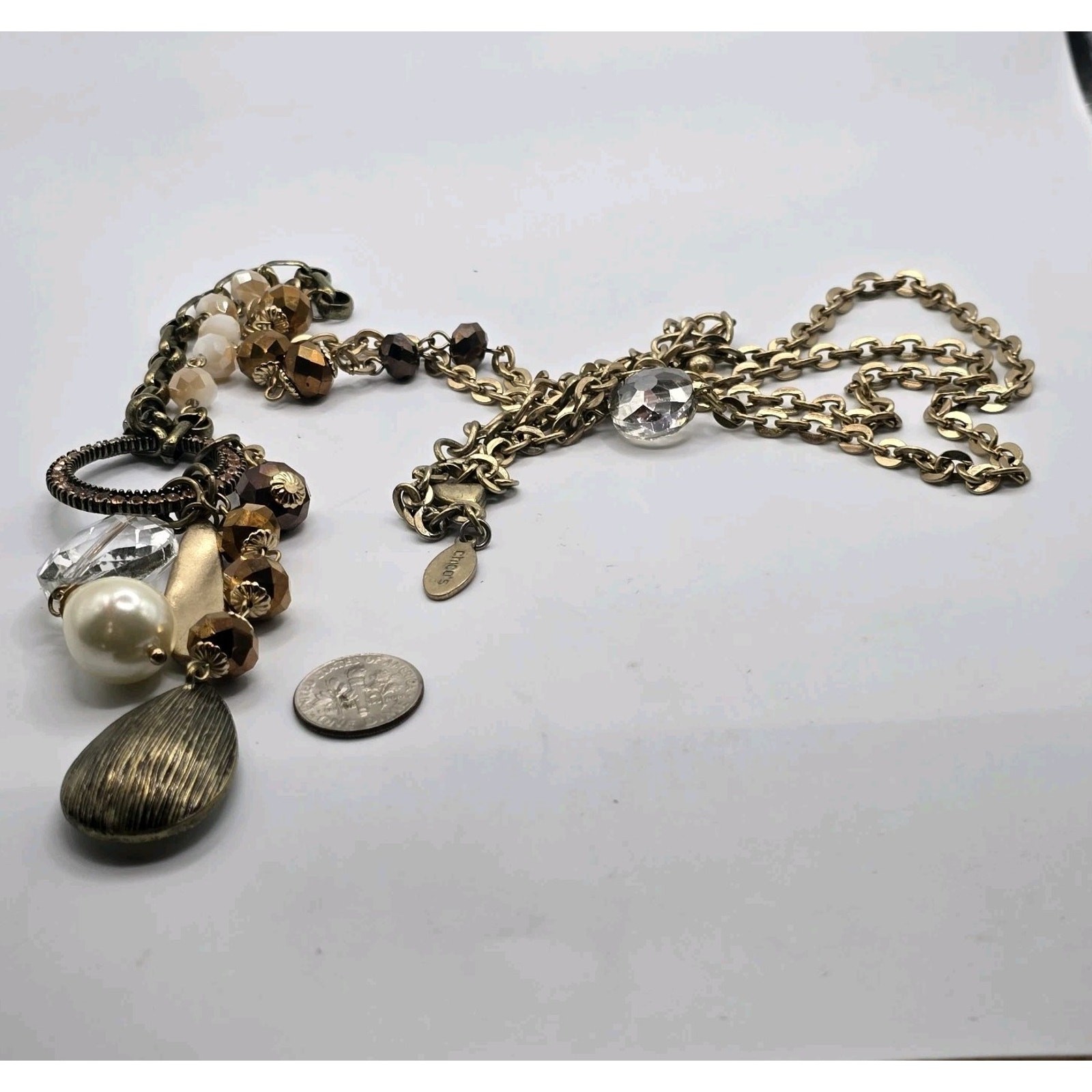 Necklace Chico’s Charm Necklace Crystals Glass Beads 36″ 38″ Antique Gold Tone