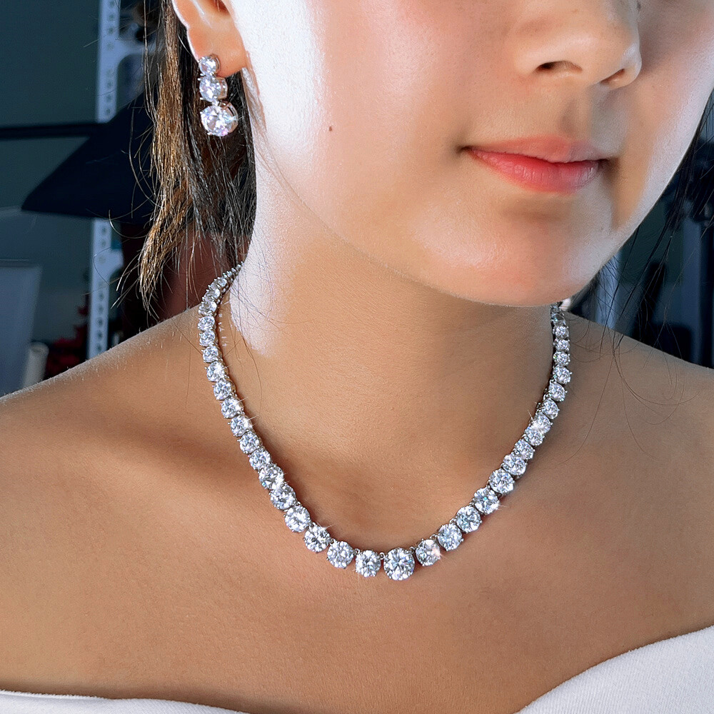 Round Cubic Zirconia Tennis Necklace Earrings Silver Plated Wedding Jewelry Set