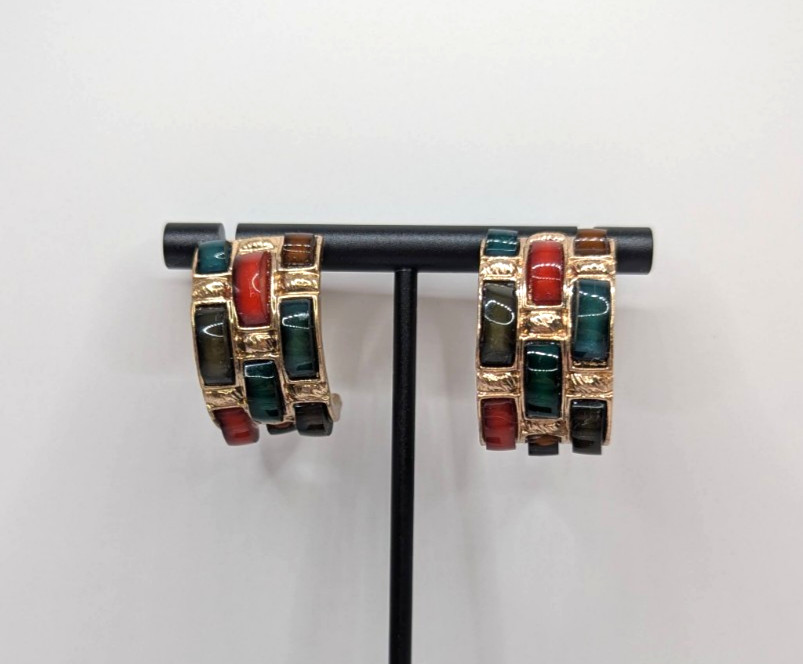 Green Blue Red Shiny Gold-tone Partial Hoop Post Stud Earrings