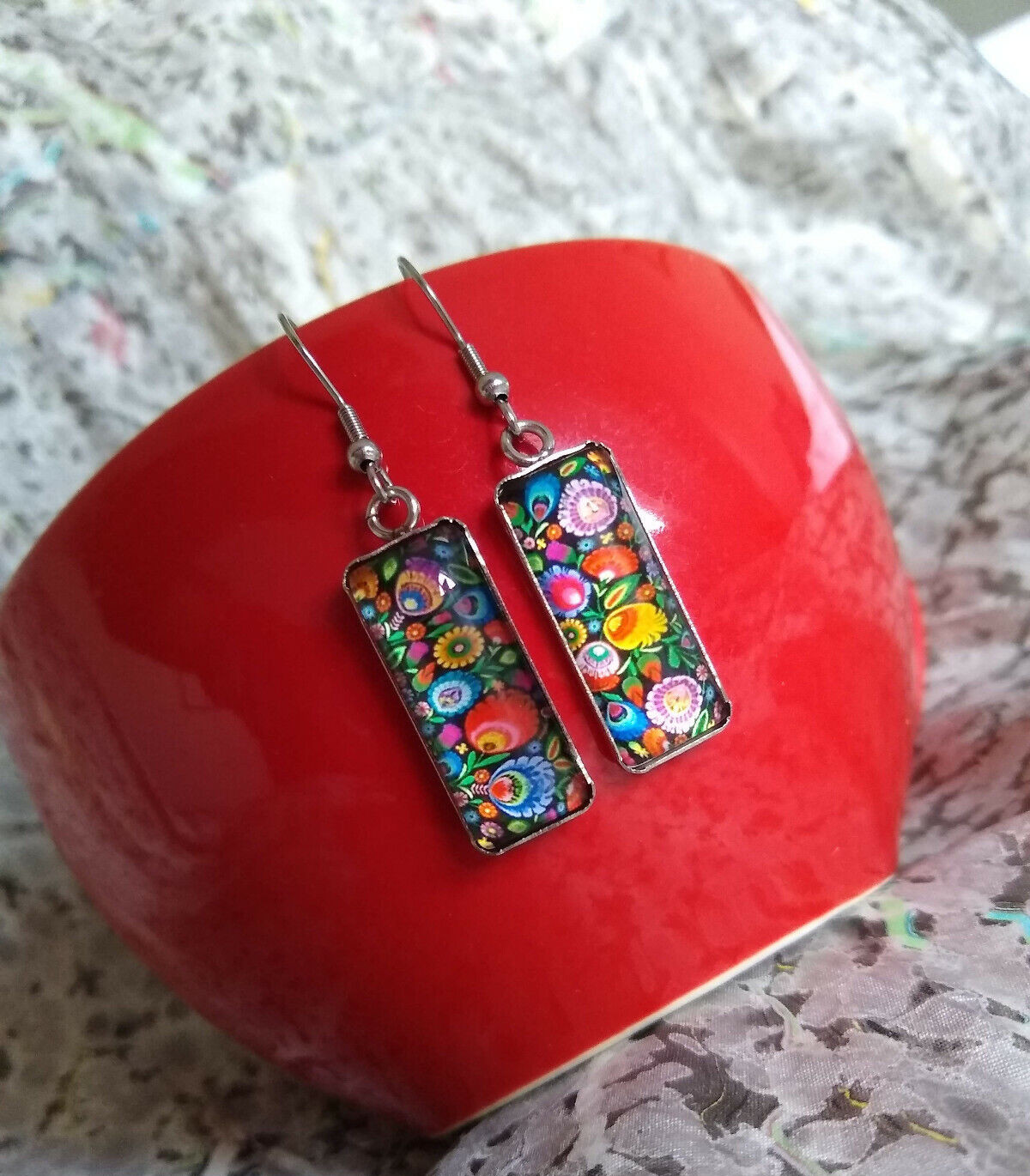 Polish Folk Art Painting Floral Glass Dangle Earrings Handmade Vibrant Unique 