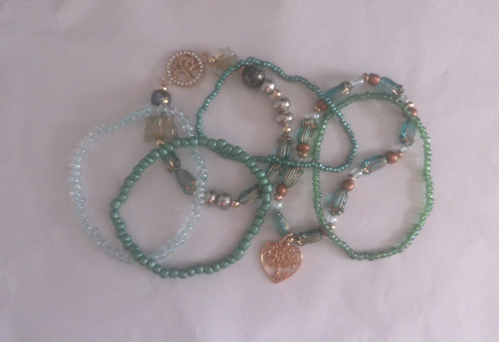 New Set of 6 Assorted Beaded Bracelets Shades of Seafoam Green All Occasions
