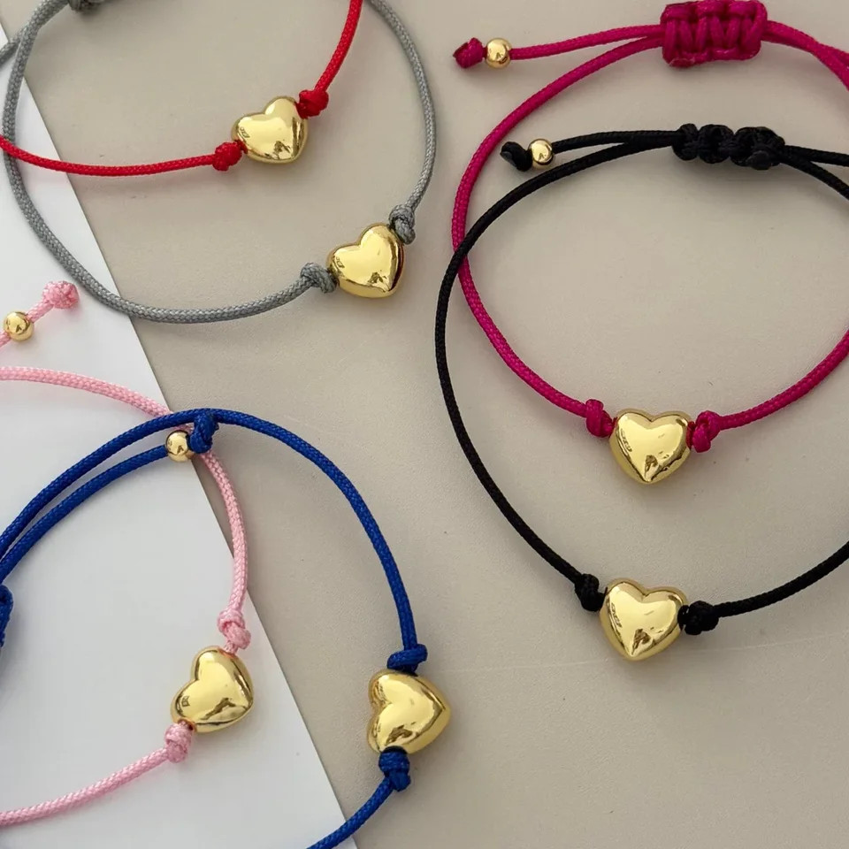 Red Rope Thread Bracelet Women Heart Charm Mixed Tone Layered Strand Jewelry