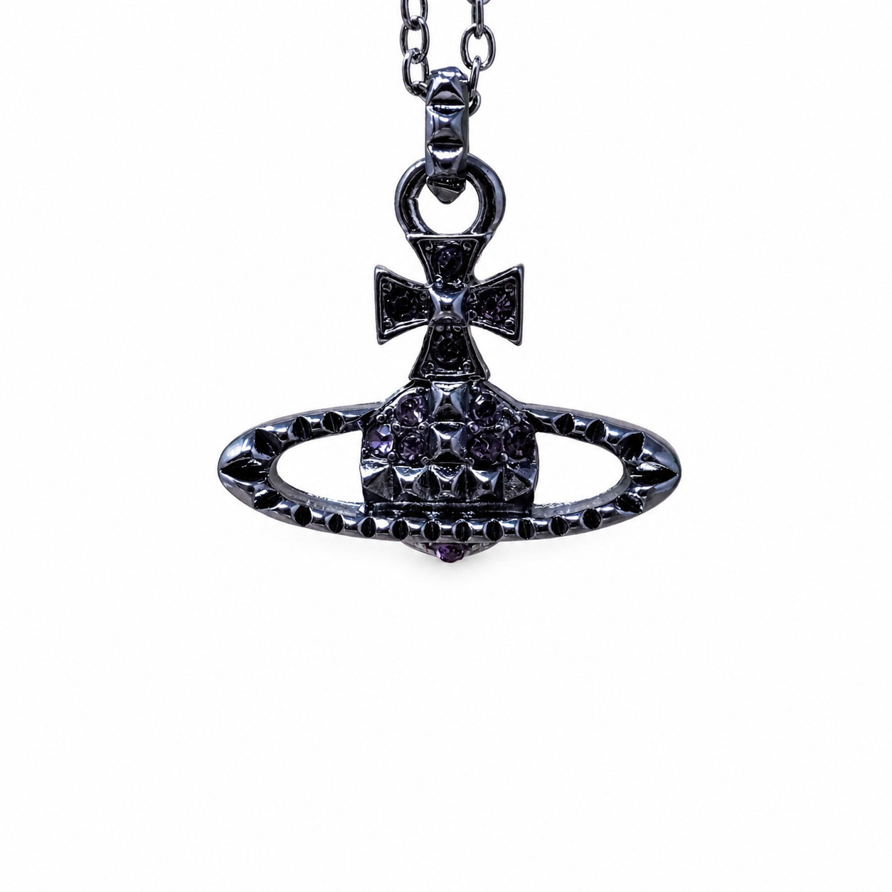 Vivienne Westwood Necklace Black Studded Orb Pendant With Purple Crystals & Box