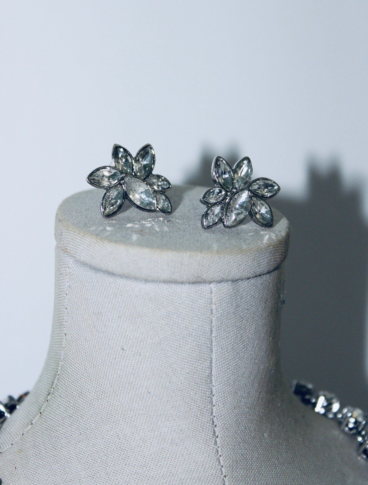 Ann Taylor Silver Plated Baguette Rhinestone Necklace & Flower Earrings Set
