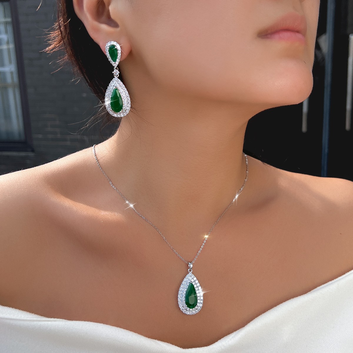 Silver Plated Long Teardrop Drop Earrings Necklace Women Zircon Jewelry Set Gift