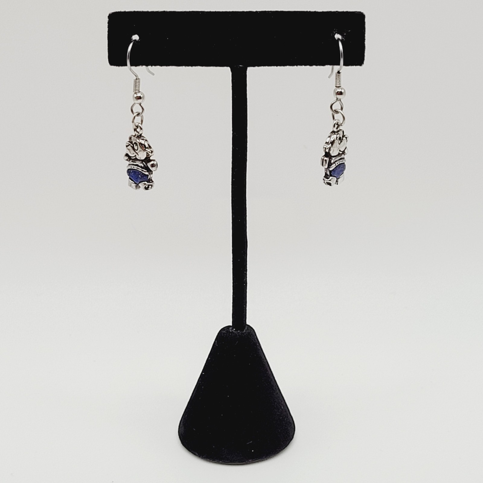 SW Waldeck Johnson Teddy Bear Lapis Lazuli Silver Tone Pierced Hook Earrings