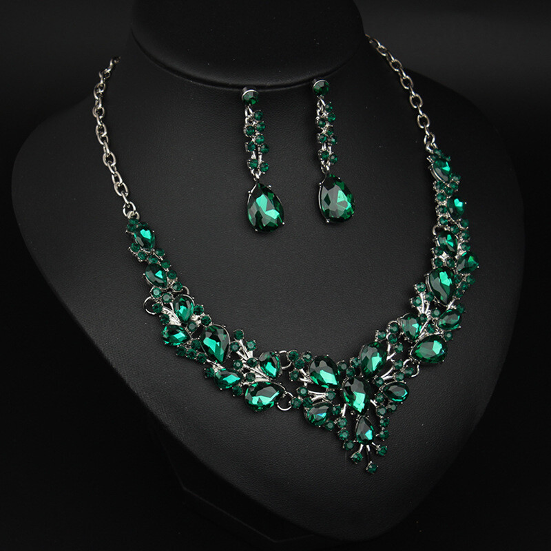 Crystal Gem Necklace Earrings Bridal Jewelry Set Statement Christmas Party Gift