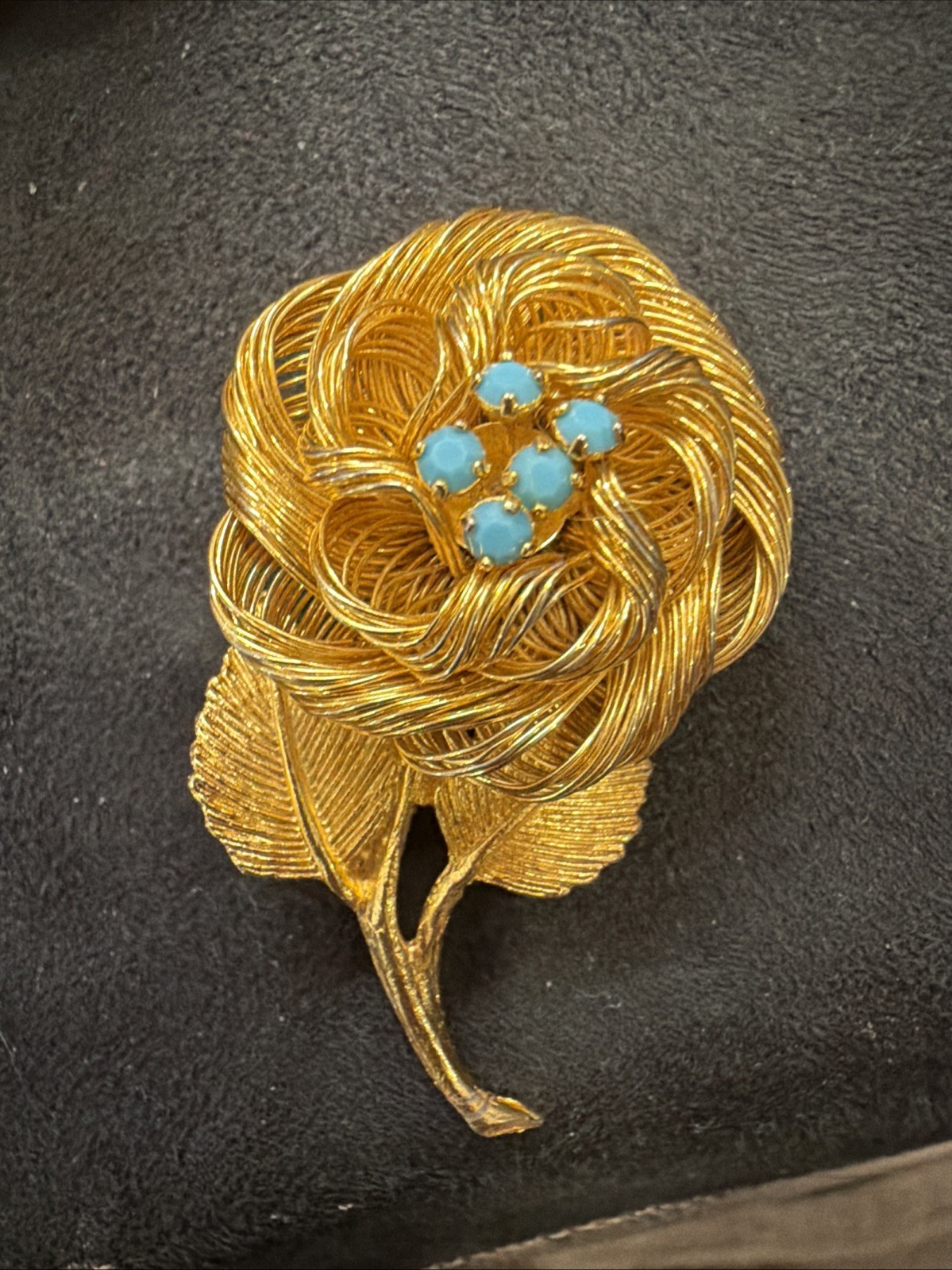 Vintage gold Tone Wire Rose & Aqua Rhinestone Brooch 2 1/4” Long