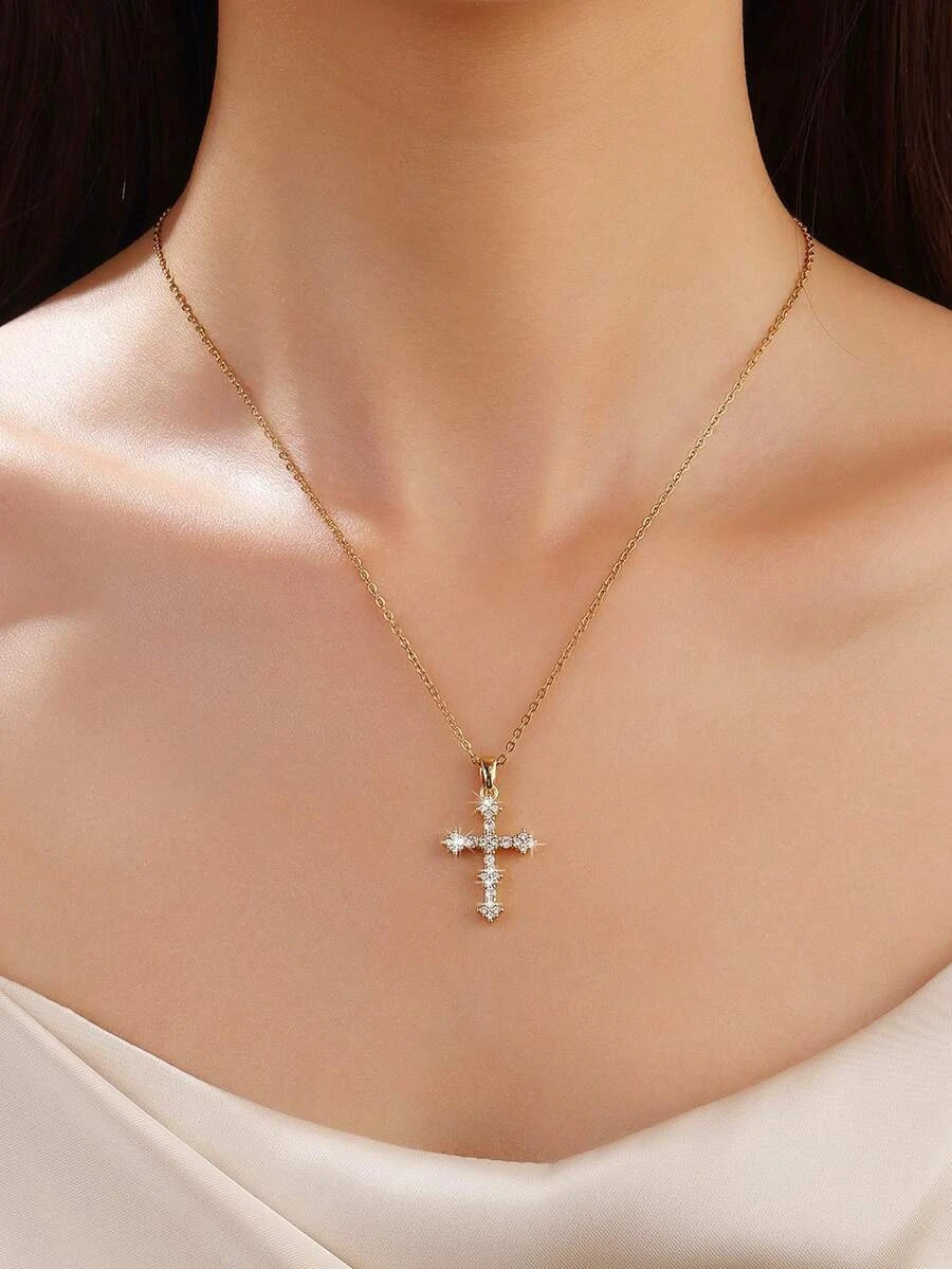 YELLOW GOLD COLOR CZ CROSS PENDANT NECKLACE STAINLESS STEEL WOMEN GIFT USA
