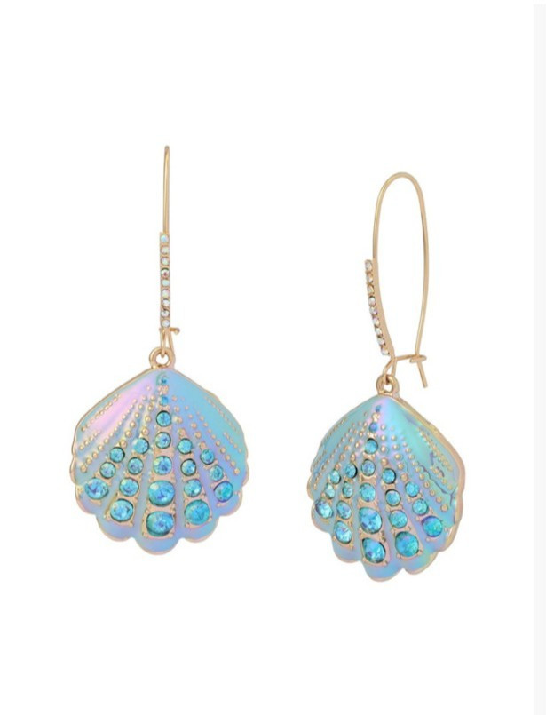 BETSEY JOHNSON Gold Tone Blue Seashell Dangle Earrings 2.5”in. New W/pouc