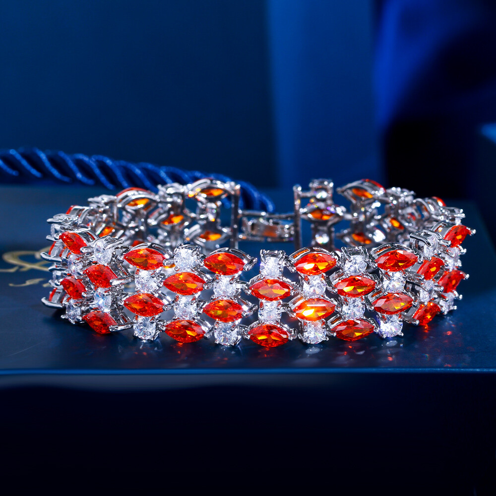 Women Silver Plated Multicolor Round Marquise Cubic Zirconia Big Wide Bracelet