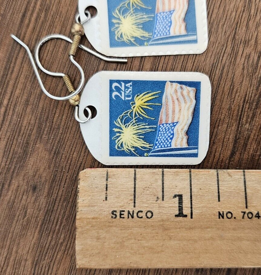 U.S. Flag Earrings Stainelss Wire Handmade Postage Stamp 22 cent lightweight USA