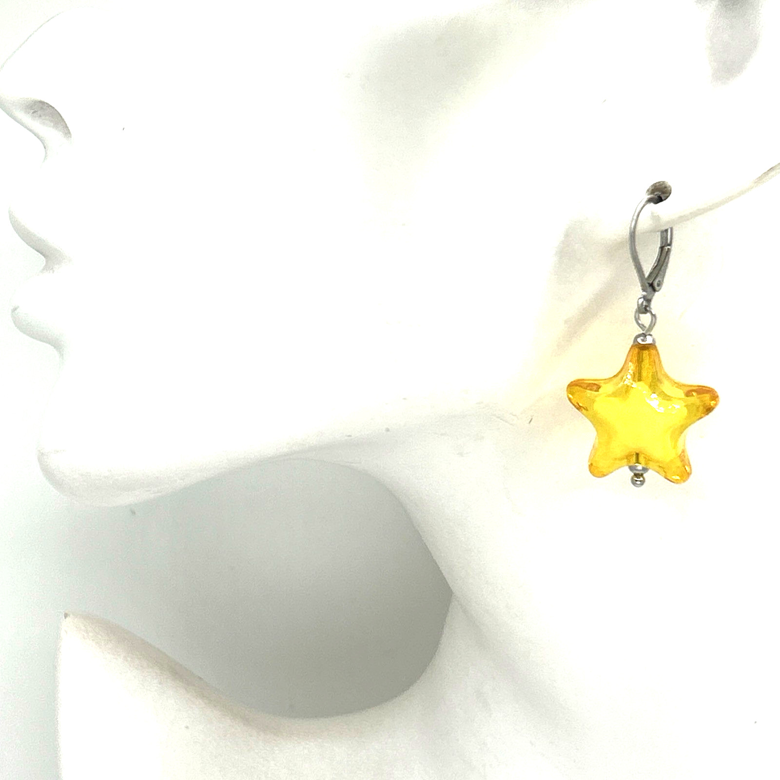 Big Chunky Yellow-Orange Acrylic Puffed Stars Leverback Dangle Drop Earrings