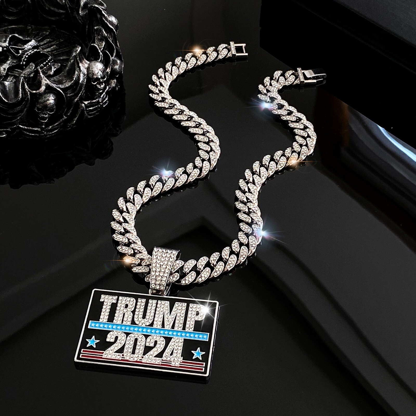 Trump 2024 GEM NECKLACE Gold/Silver Bling Hip Hop Pendant & 24” Chain MAGA