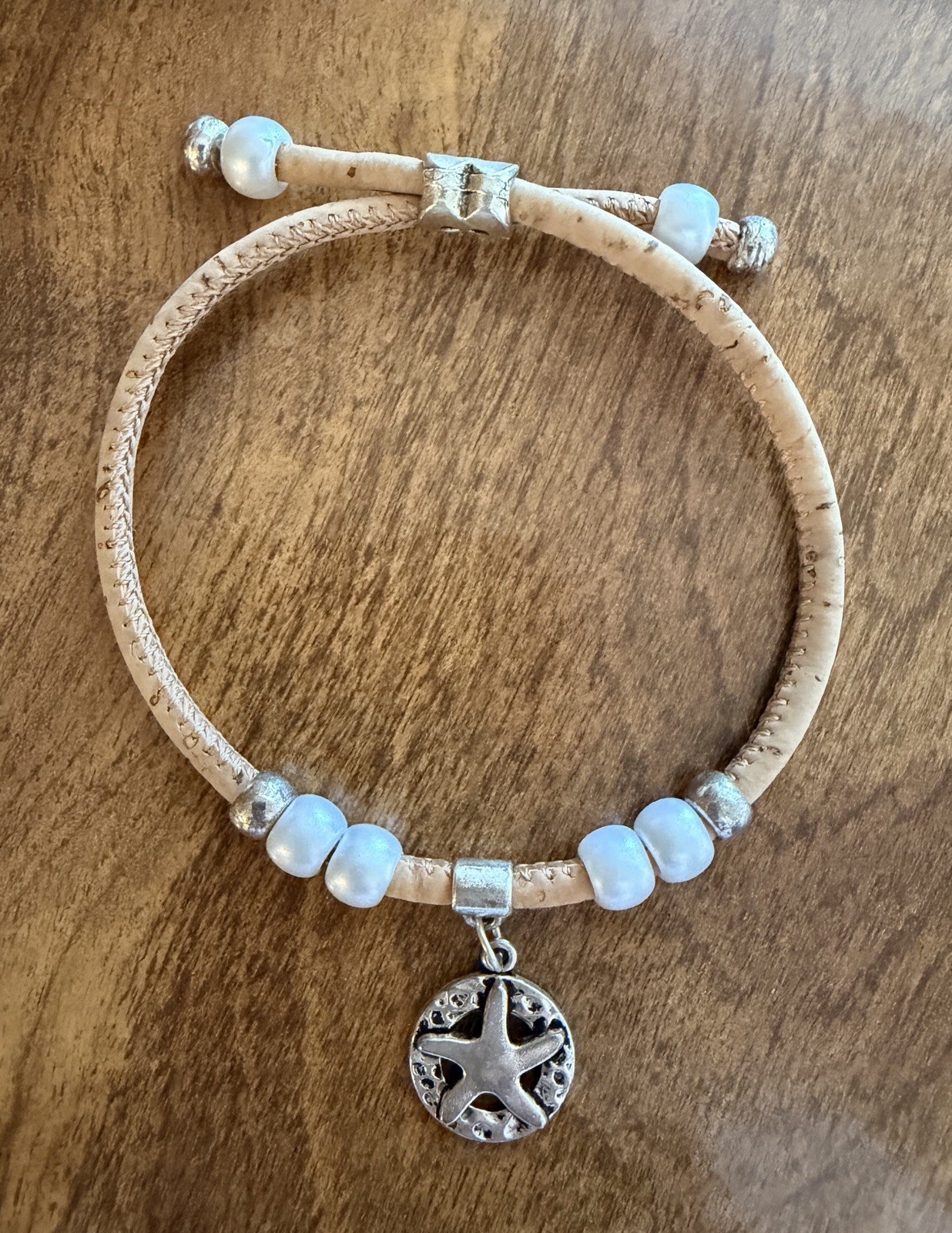 Beige & White Beaded Cord Bracelet Adjustable Slide Starfish Dangle Charm