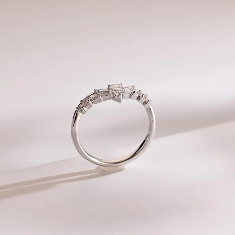 Pear Cut Moissanite With 18k White Gold Plated Silver Women’s Band Ring #84