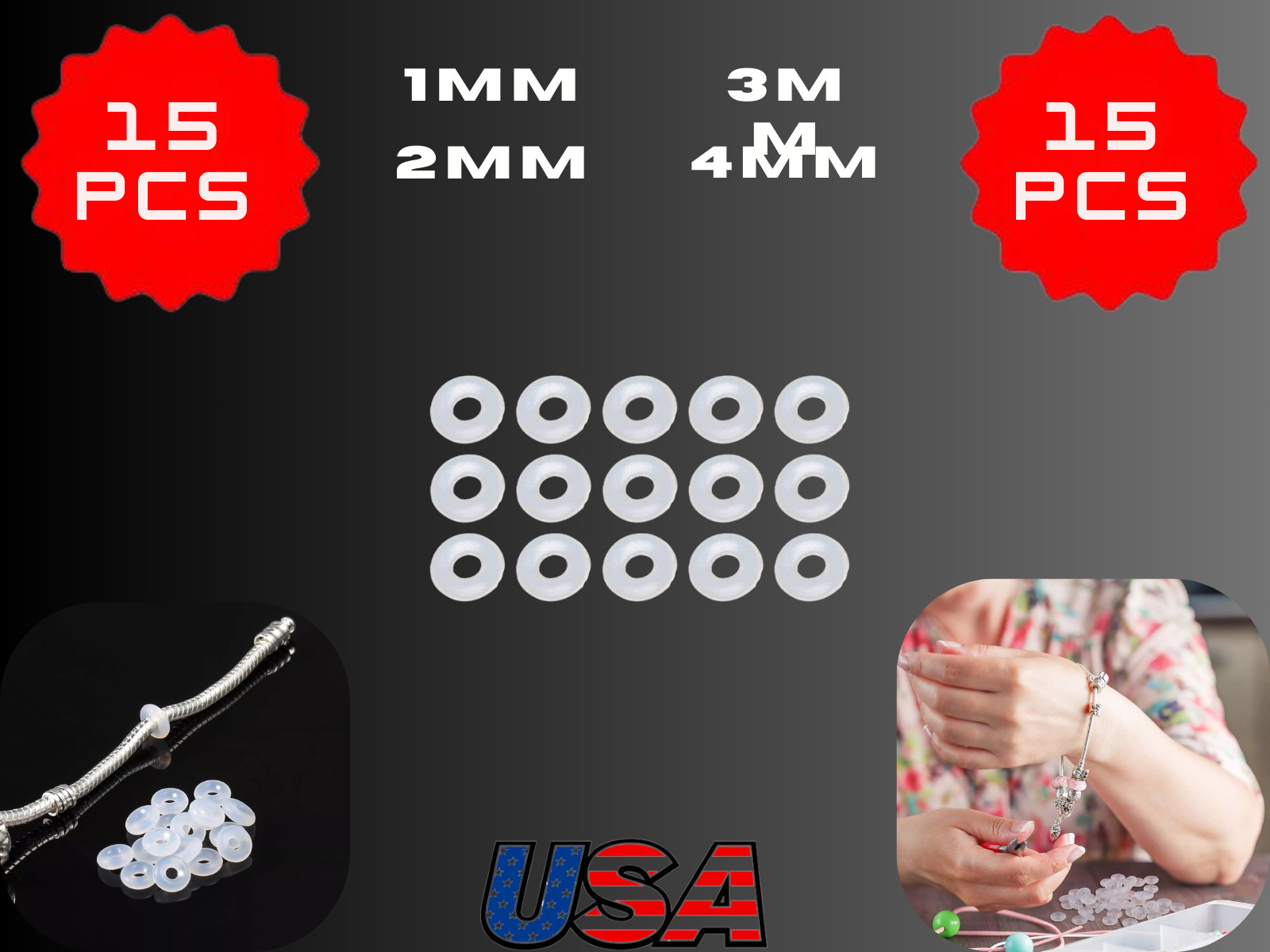 Silicone Rubber Stopper Rings Beads 15 PCS for Bracelet Fit 1mm 2mm 3mm 4mm