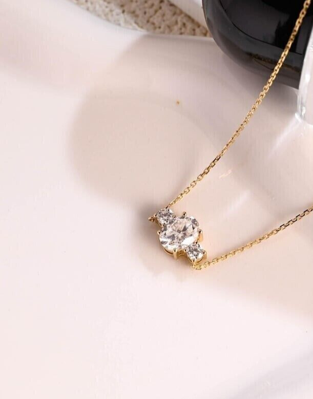 1.20Ct Oval Cut Simulated Diamond Three Stone Pendant In 14K Yellow Gold Plated
