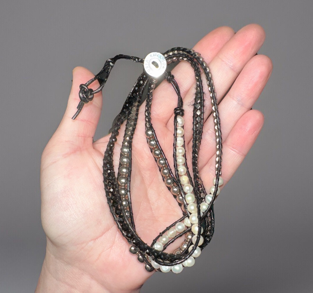 Victoria Emerson Pearls Leather Cord Beaded Necklace Faceted Beads 34”-37” EUC