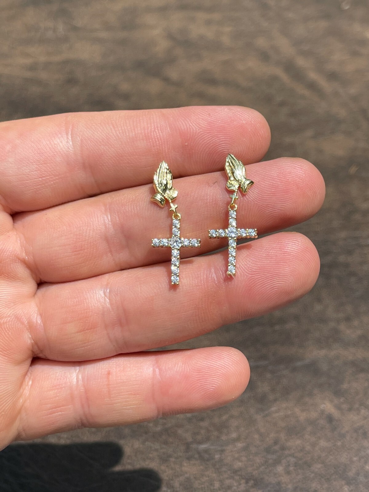 14k Gold Plated Real 925 Sterling Silver Praying Hands Cross Dangle Earrings