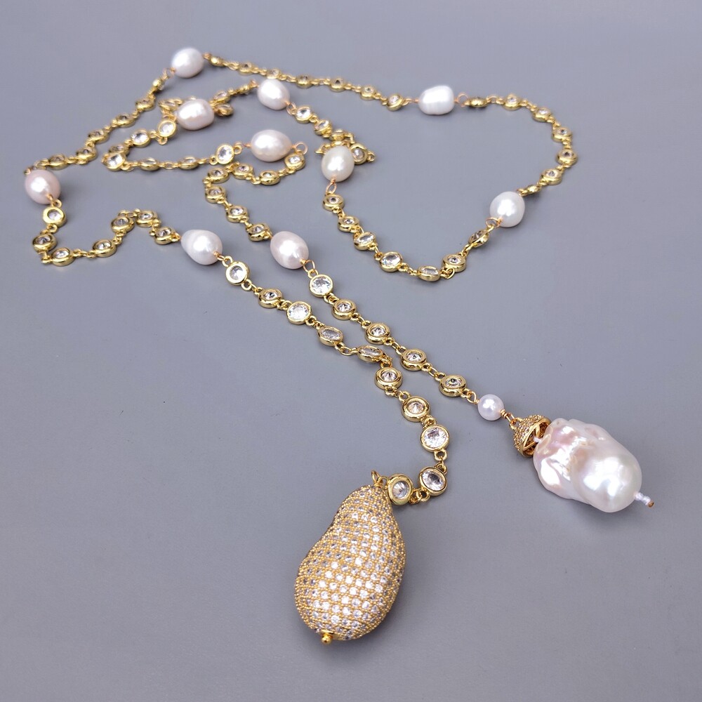 47″ 7mm White Baroque Pearl Cz Pave Rosary Chain Loop Long Necklace