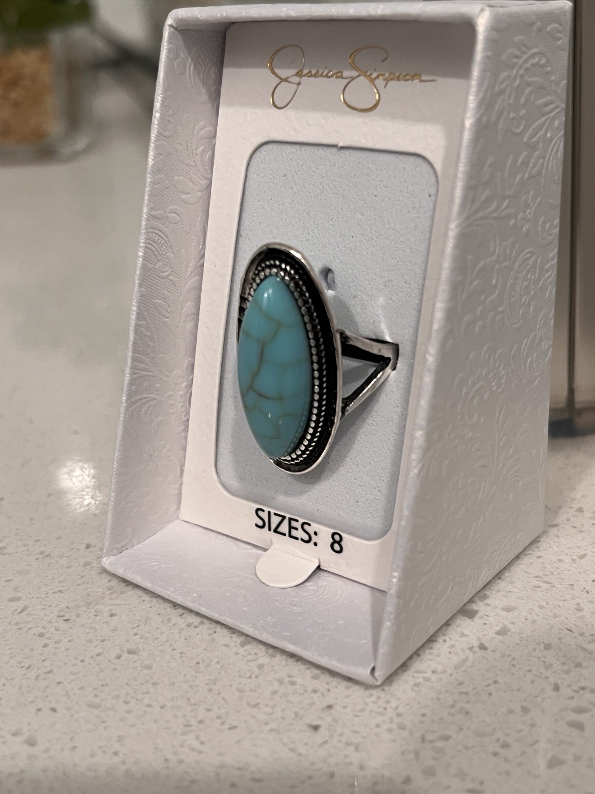 Jessica Simpson Oval Blue Turquoise Bezel Cocktail Ring Silver Tone Signed Sz 8