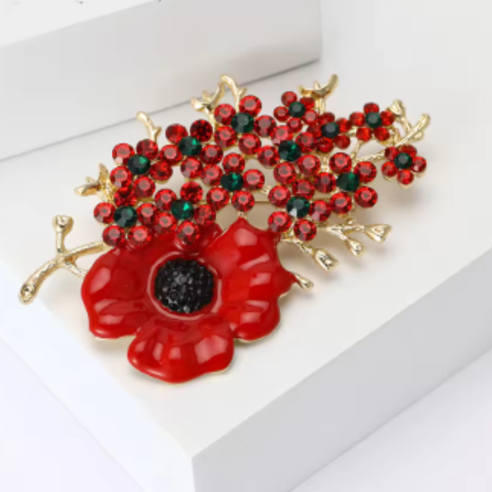 Beautiful Poppy Flowers Brooch Pin – Rhinestone Enamel Jewelry Gift USA