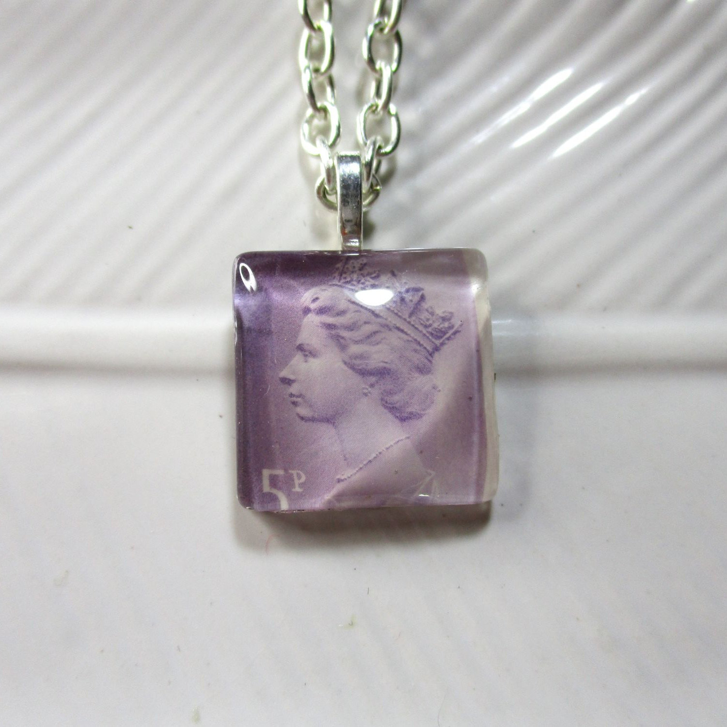 Handmade Authentic Postmarked Queen Elizabeth Postage Stamp Glass Tile Necklace