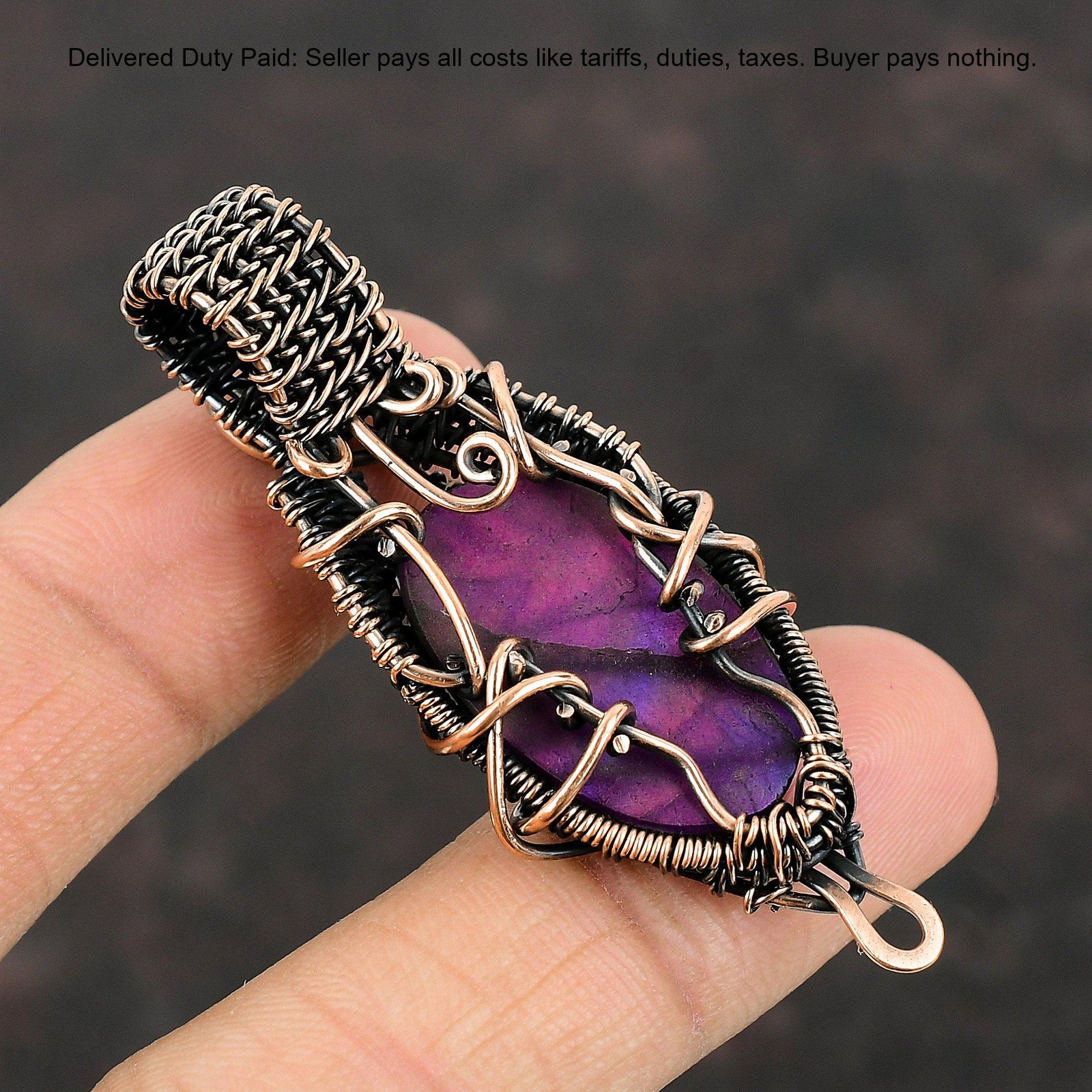 Copper Oval Natural Pink Fire Labradorite Christening Third Eye Chakra Pendant