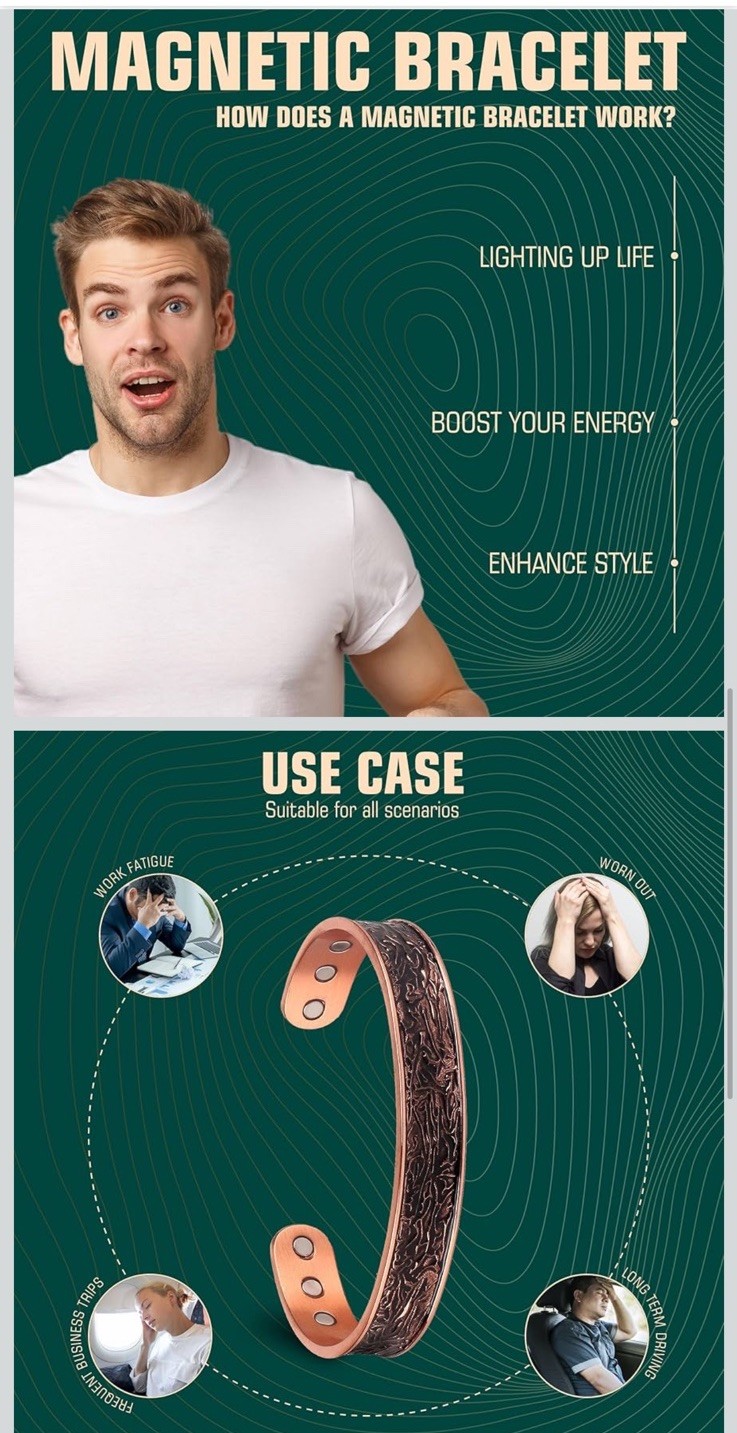 2pk – Solid Copper Magnetic Bracelet Ring Set Arthritis Men Women Cuff Ring Set
