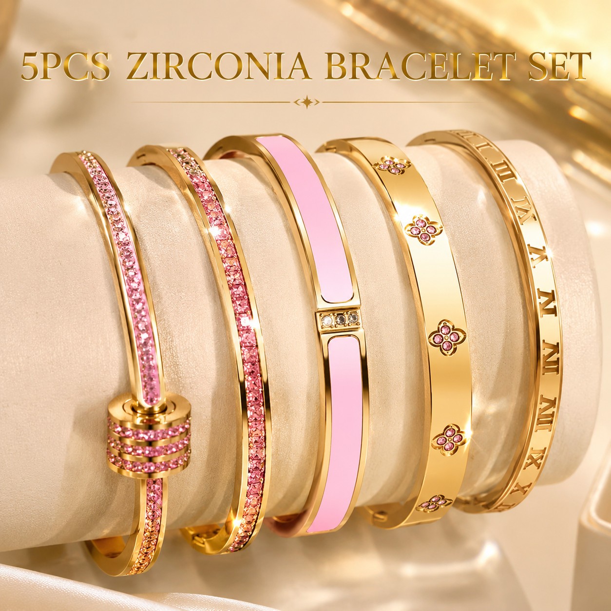 5pc Gold Pink Zirconia Bangle Bracelet Set Stainless Steel Jewelry Gift