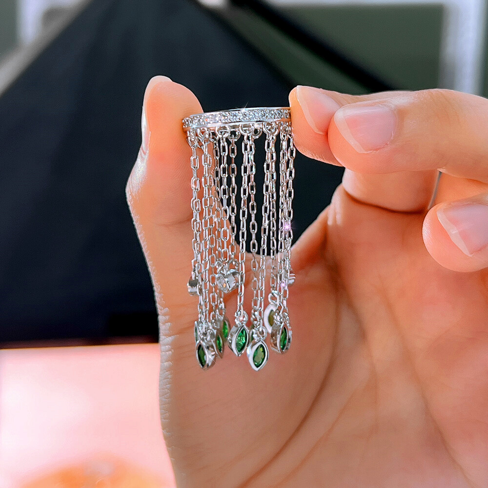 Top Silver Plated CZ Chain Link Tassel Marquise Leaf Charm Engagement Band Ring
