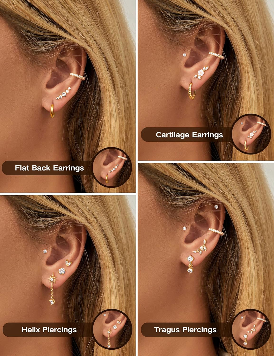 16 Gauge Cartilage Earrings for Women Flat Back-Hypoallergenic Surgical Stainles