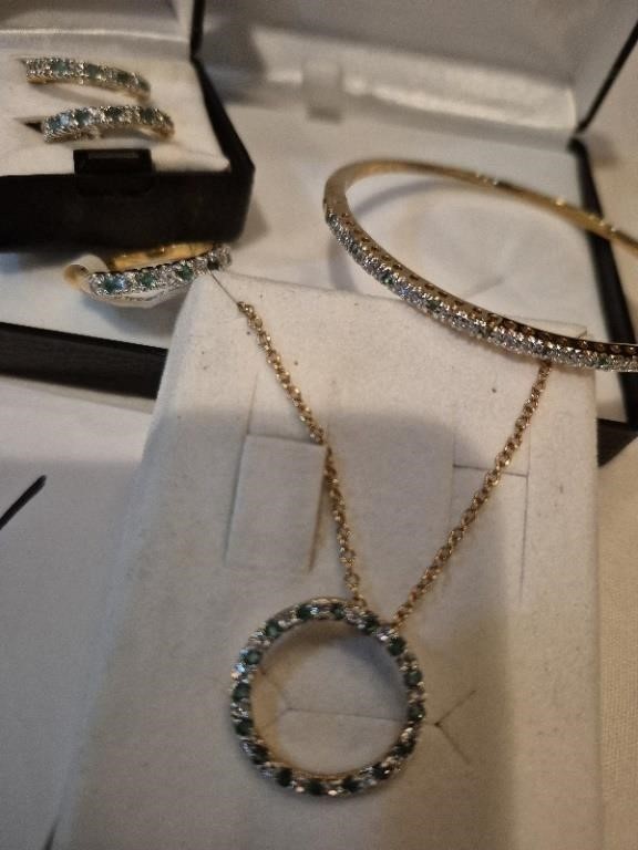 STI Genuine Emerald and Cubic Zirconia Set Necklace, Ring, Earrings and Bangle