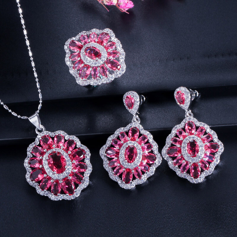 Colorful Pendant Necklace Earrings Ring Silver Plated Women CZ Party Jewelry Set