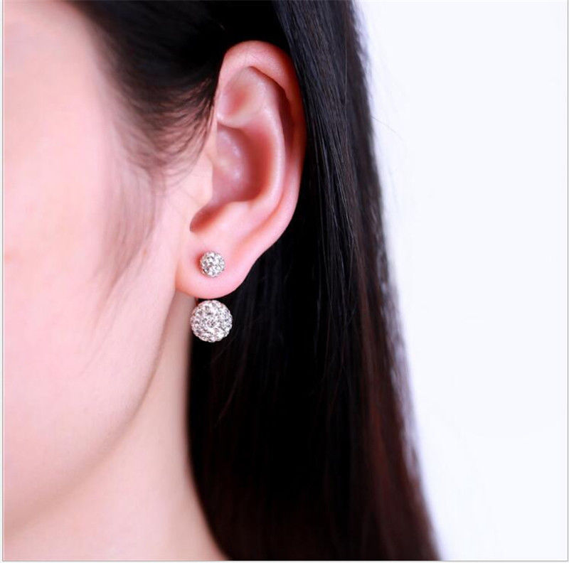 1 Pair Silver Women Lady Jewelry Double Beaded Rhinestone Crystal Stud Earrings
